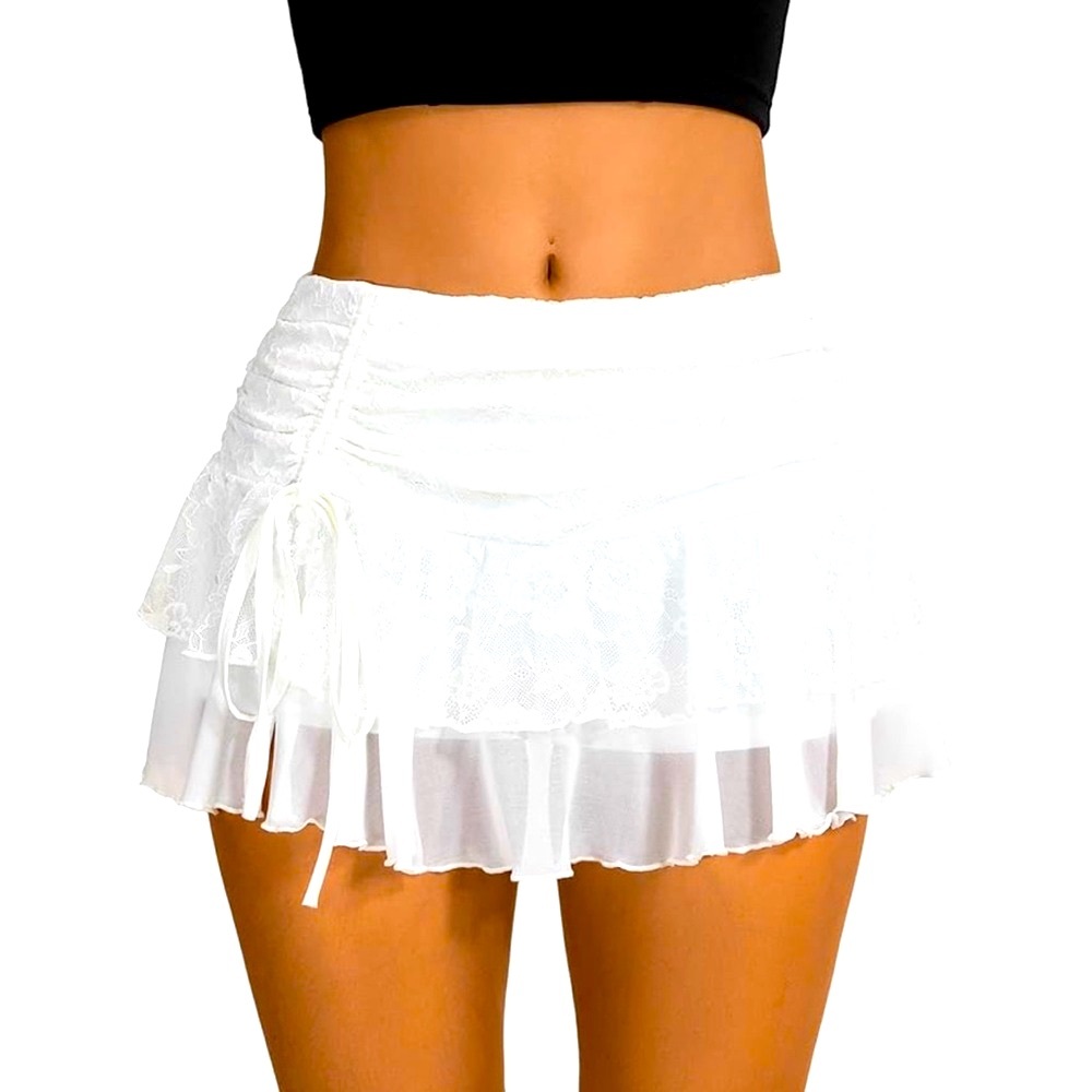 Verdusa Women's Elastic Waist Lace Mesh Layered Ruffled Mini Skirt Skort Cream